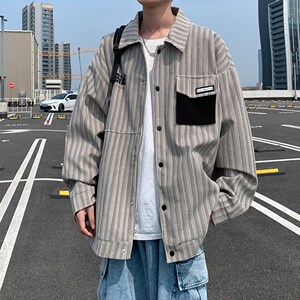港风2025新款条纹宽松休闲夹克 印花外套潮男外景 6639 P78控118图片