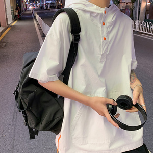 纯色短袖衬衫男女情侣连帽衬衣 港风休闲外套 2202 P50控68图片