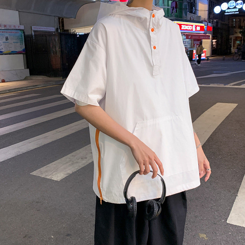 2023纯色短袖衬衫男女连帽衬衣 港风休闲外套 2202 P50控68图片