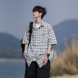 相机片复古夏新款港风衬衫短袖千鸟格子衬衣男6609P45控58，男装衬衫，电商A034