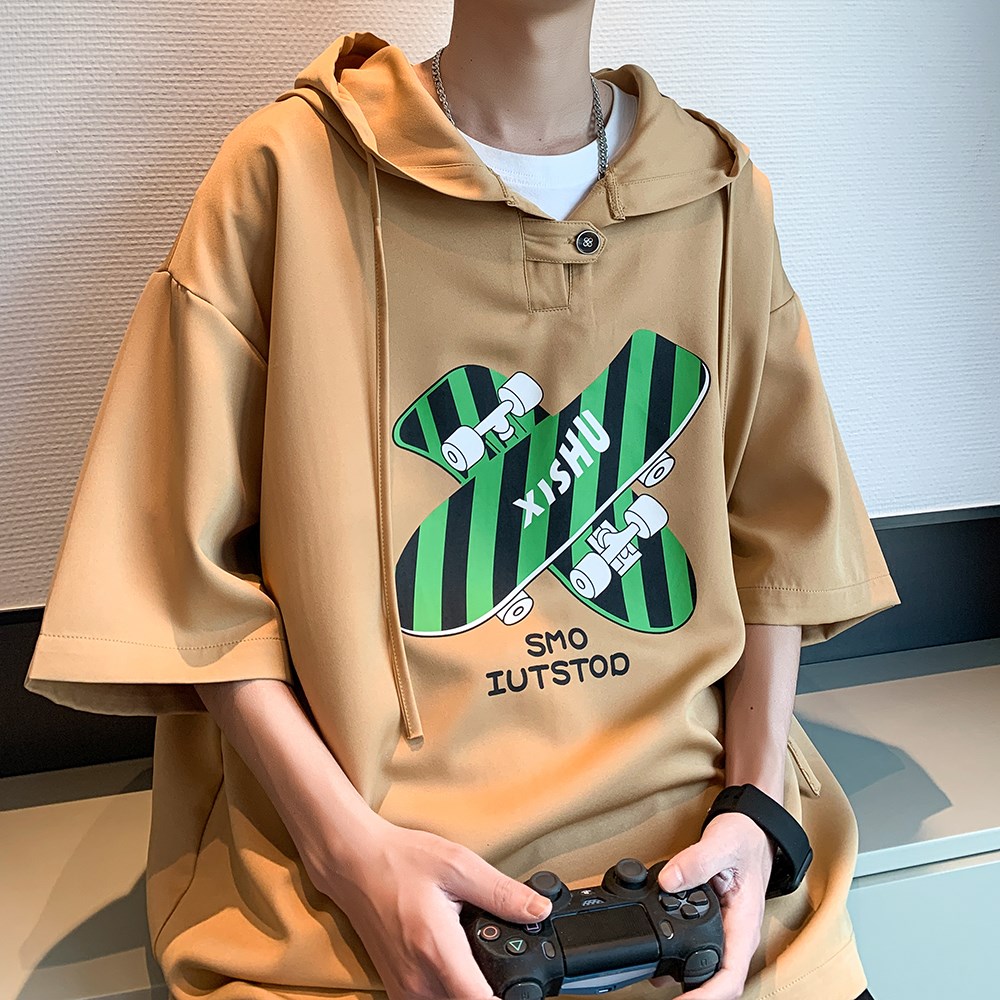 美式连帽短袖卫衣男hoodie潮牌重磅oversize痞帅青少年外套夏薄款,男装衬衫,电商A034