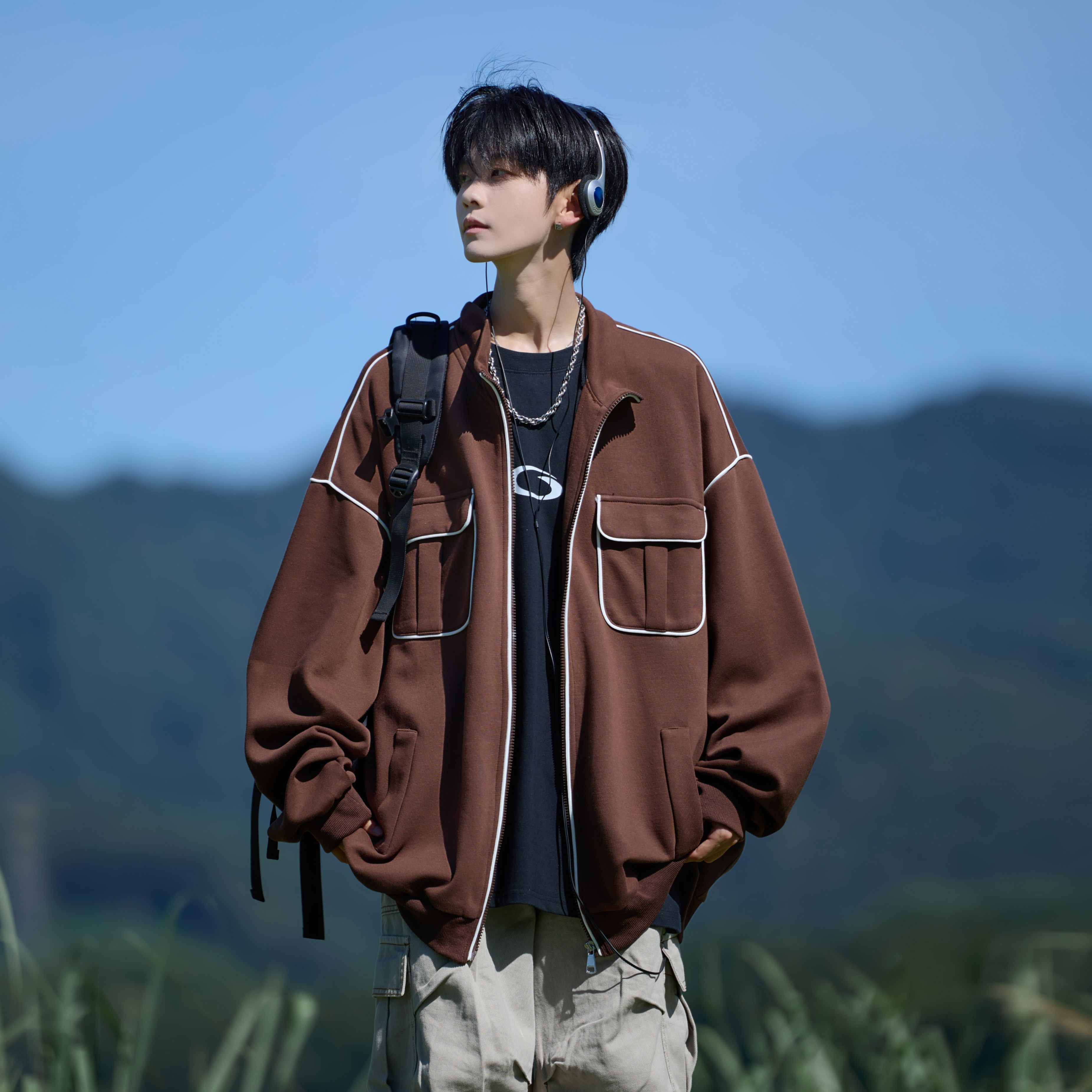 相机片男新款卫衣休闲简约开衫外套宽松纯色可二开6653P68控98，女装短外套，电商A034