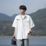 白色工装短袖衬衫男款cleanfit日系大码衬衣夏季宽松休闲百搭外套，男装衬衫，电商A034