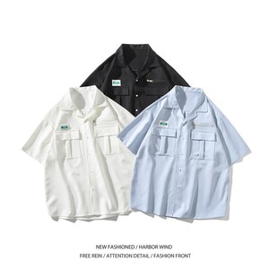 港风工装短袖衬衫男生夏季潮牌痞帅黑色衬衣薄款宽松大码上衣外套图片