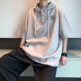 港风内景休闲短袖衬衫青年男装连帽宽松套头衬衣6608P48控68，男装衬衫，电商A034