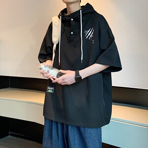 酒店景夏休闲短袖衬衫小清新男连帽宽松套头衬衣 6608 P48 控68图片