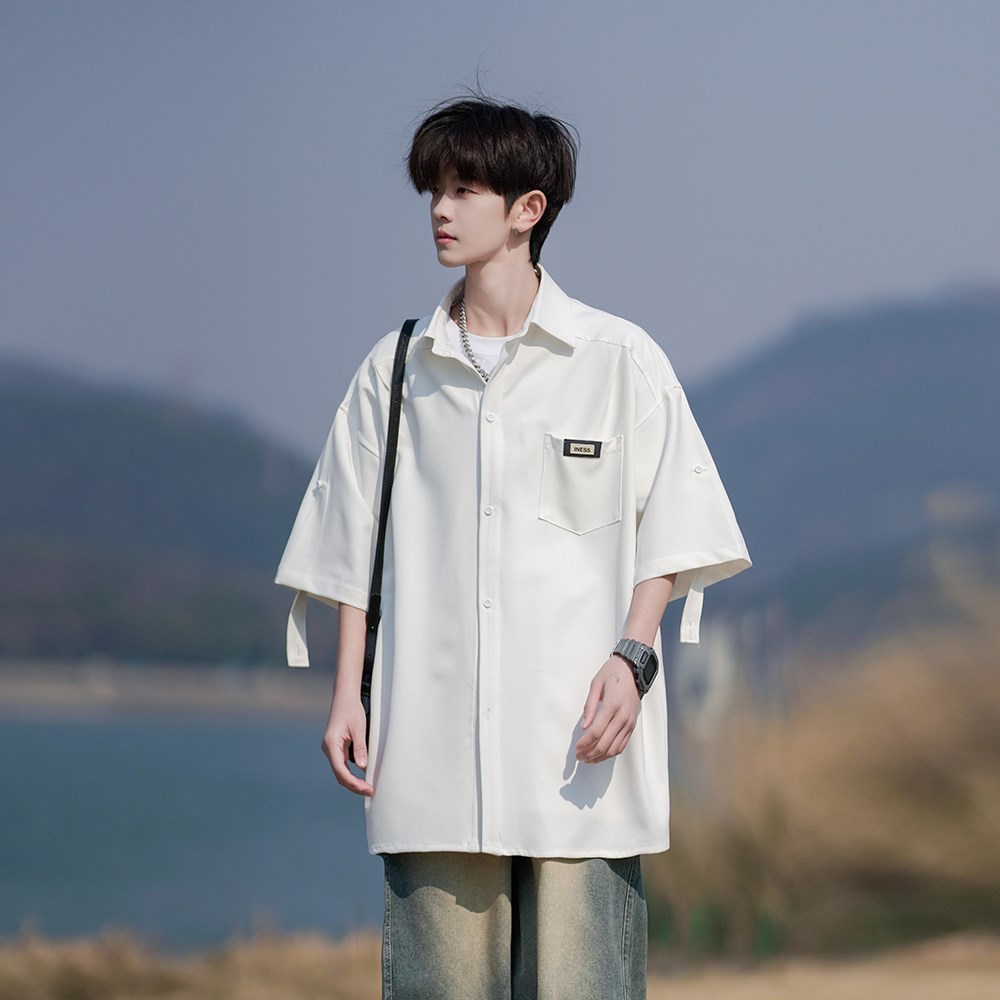 日系cityboy短袖衬衫男生夏季薄款宽松休闲学生帅气港风半袖衬衣,男装衬衫,电商A034