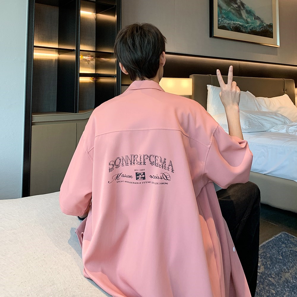 粉色冰丝短袖衬衫男款夏季高级感休闲衬衣大码宽松百搭七分袖外套,男装衬衫,电商A034