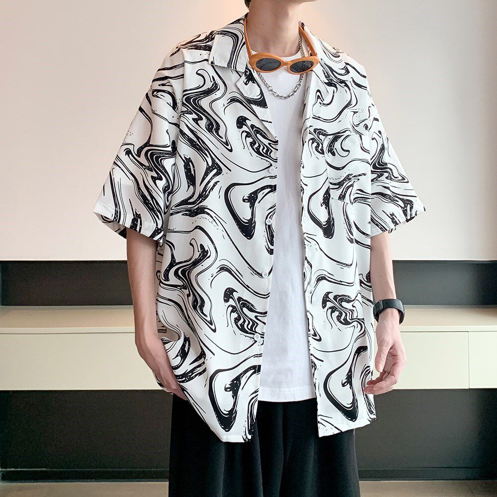 南亚风2025夏休闲短袖衬衫男冰丝花衬衣酒店内景6620P40控58,男装衬衫,电商A034