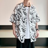 南亚风2025夏休闲短袖衬衫男冰丝花衬衣酒店内景6620P40控58，男装衬衫，电商A034