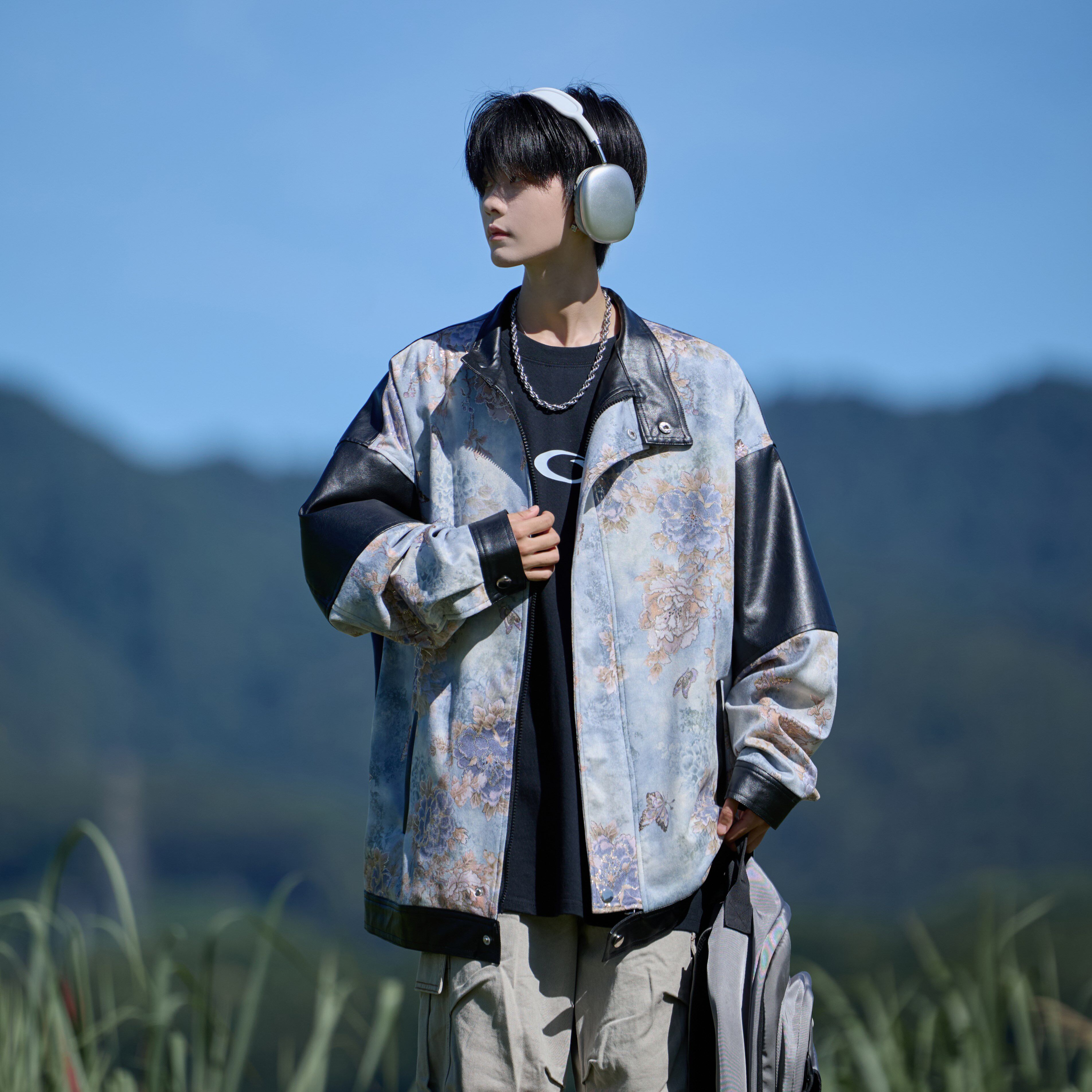 相机片外景2026新款皮衣外套潮男港风原创花夹克6656P88控128,男装夹克,电商A034