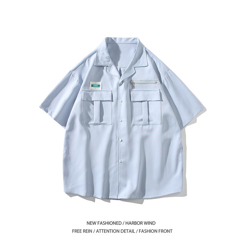 港风工装短袖衬衫男生夏季潮牌痞帅黑色衬衣薄款宽松大码上衣外套,男装衬衫,电商A034