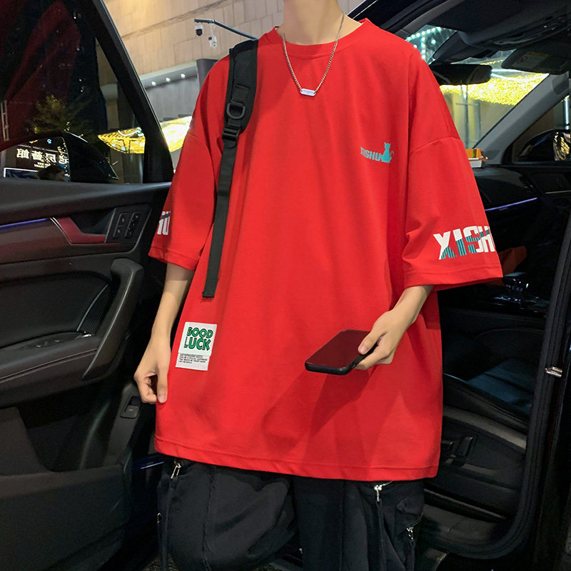 红色t恤男蜘蛛精穿搭胖子大码短袖美式oversize情侣冰丝七分半袖,男装T恤,电商A034