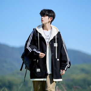 相机片休闲连帽外套港风夹克日系复古痞帅男假两件 6636 P88控128图片