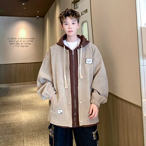 2025大码撞色连帽外套印花青年男宽松休闲夹克港风 6635 P98控138图片