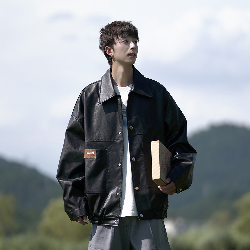宽松大码机车服外套休闲男潮流夹克日系皮衣相机片2861P78控118，男装皮衣，电商A034
