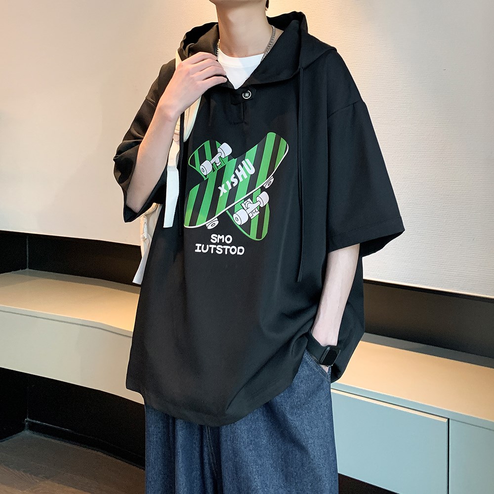 小清新港风休闲衬衫 大码连帽短袖衬衣男港风内景 6613 P48 控68图片