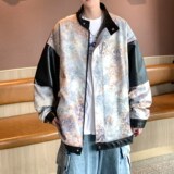 片港风秋新款皮衣外套风男宽松原创花夹克6656P88控128，男装皮衣，电商A034