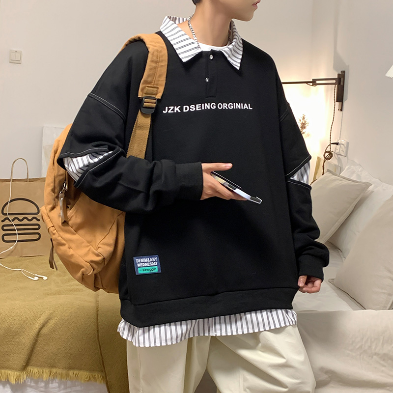 休闲印花男女情侣卫衣港风假两件外套大码POLO衫2381P55控75，男装Polo衫，电商A034