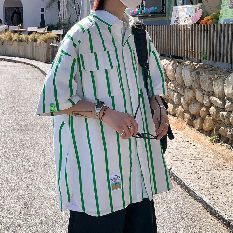 外景夏款休闲半袖衬衣宽松港风潮男条纹短袖衬衫2573P45控68,男装衬衫,电商A034