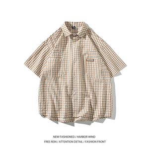 wassup happy格子短袖衬衫男夏季潮牌宽松半袖衬衣服复古休闲外套图片