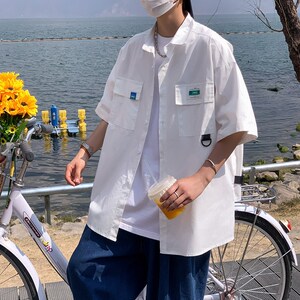 2023休闲半袖衬衣 宽松上衣港风外景男个性短袖衬衫 2562 P45控58图片