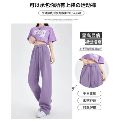 裤子紫色卫裤女直筒垂坠感高腰运动裤衣服秋冬阔腿裤拖地休闲新款