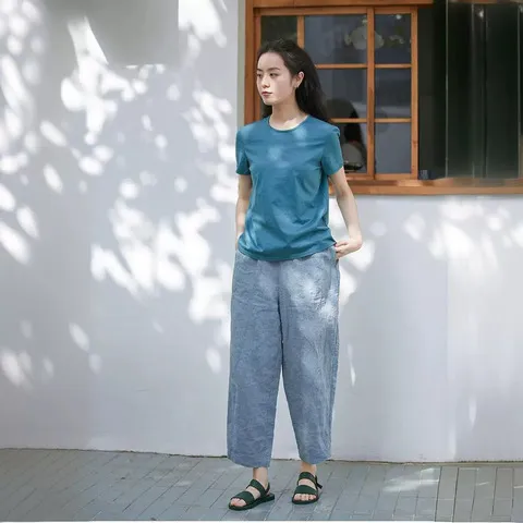 新款民艺】细支九分裤蓝色女高密夏轻薄文艺萝卜裤复古小亚麻【,女装/女士精品,休闲裤,淘宝优惠券,粉丝福利购,淘宝优惠卷