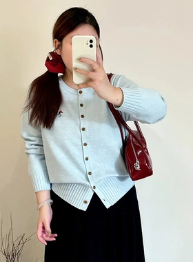 大码女装圆领刺绣小狗毛衣女2025冬款胖mm休闲宽松针织开衫23691