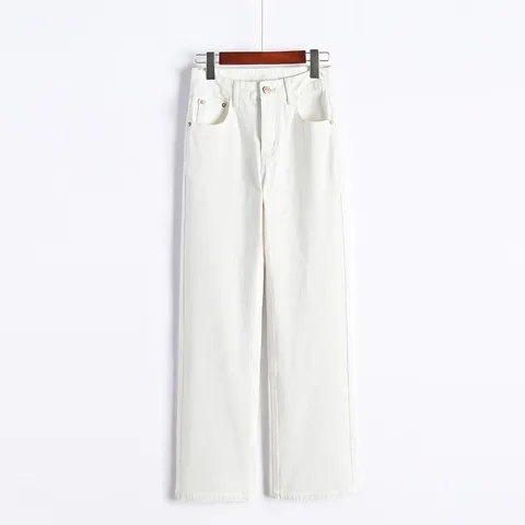 百搭阔腿白色窄版牛仔裤高腰宽松新款小个子女春季直筒高个子裤子