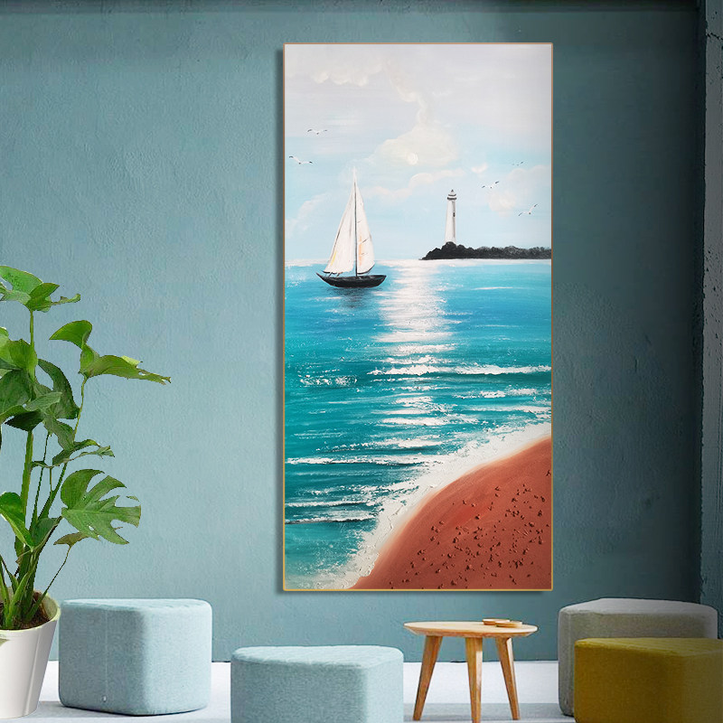 灯塔大海帆船风景挂墙画 沙滩石头壁画 手绘框画肌理砂岩油画玄关