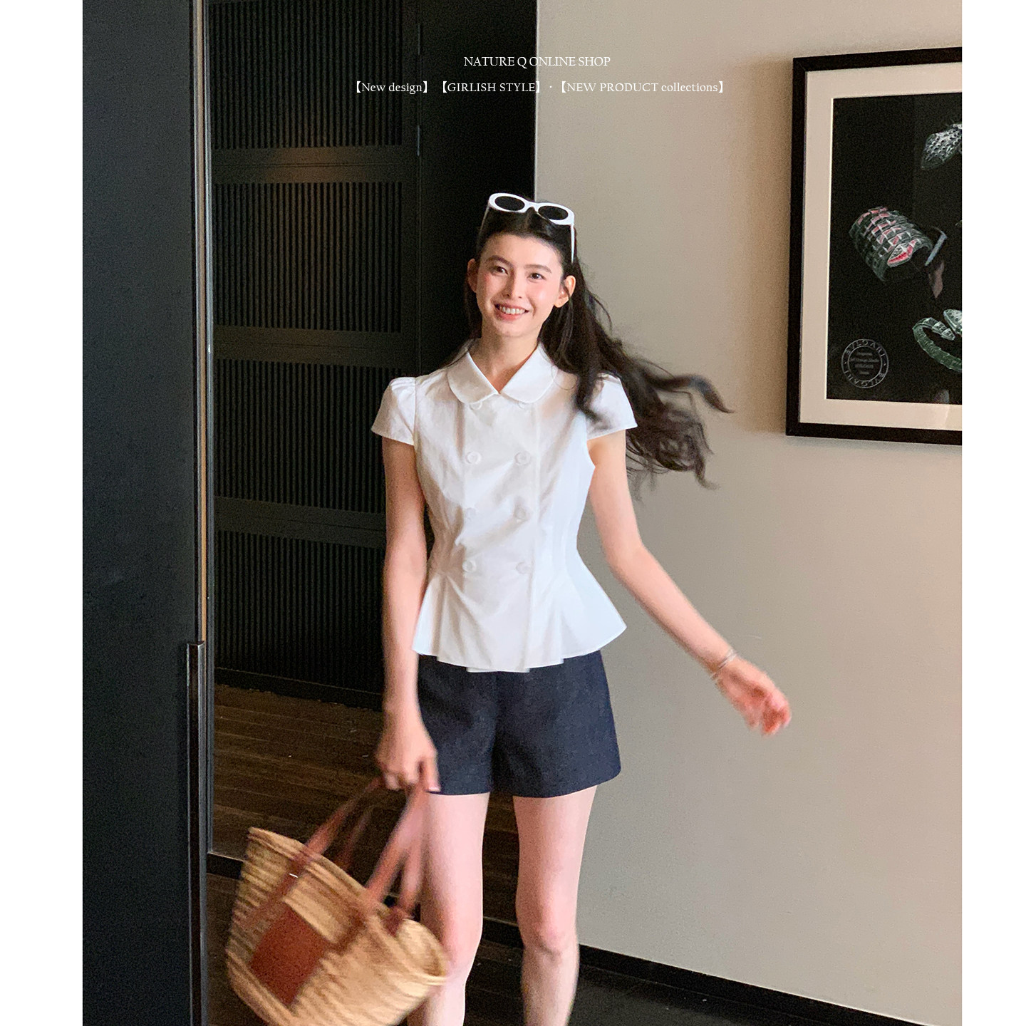杨小卷MIU系减龄娃娃领白色天丝上衣双排扣短袖衬衫女夏收腰显瘦图片