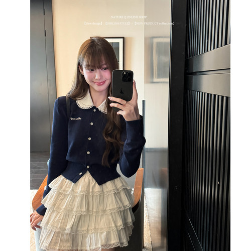 杨小卷 1oo棉miu里miu气针织开衫长袖娃娃领上衣秋少女千金风穿搭