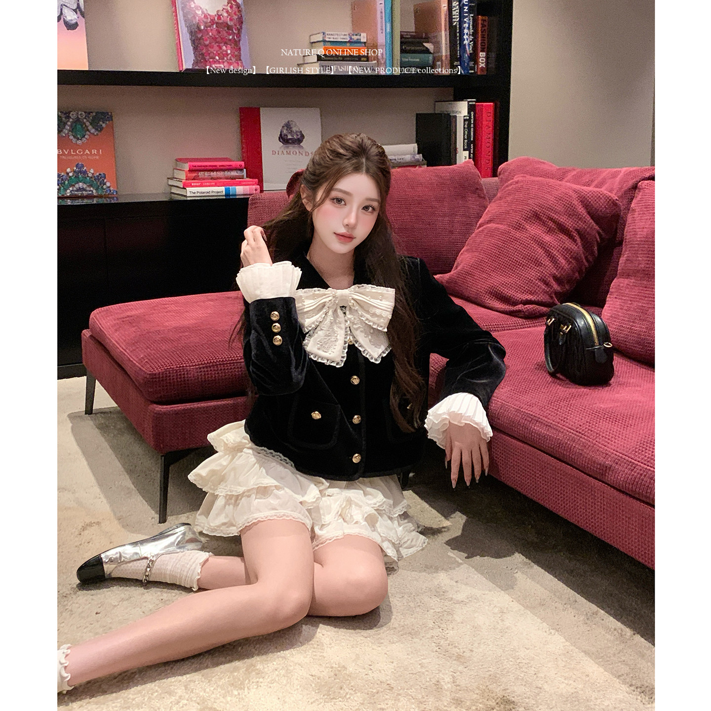 杨小卷 可拆卸蝴蝶结 法式千金黑色丝绒外套娃娃领短款上衣miu系图片