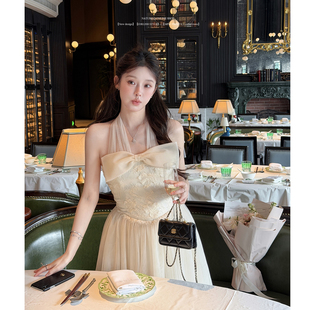 杨小卷 法式公主风网纱挂脖连衣裙露背长款纱裙订婚party轻礼裙