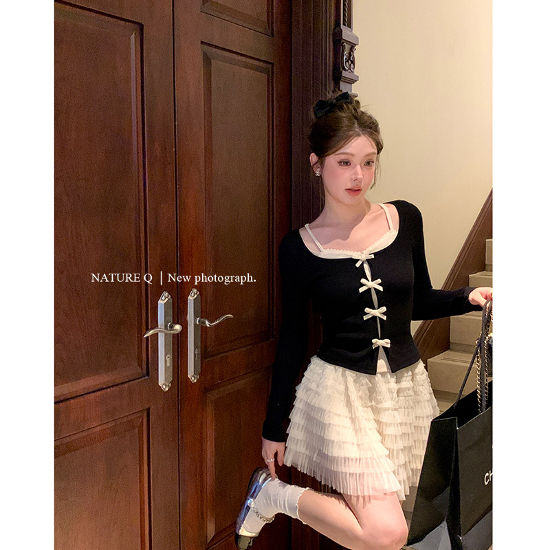 杨小卷 miu里miu气 芭蕾风修身长袖针织衫氛围感蝴蝶结假两件上衣图片
