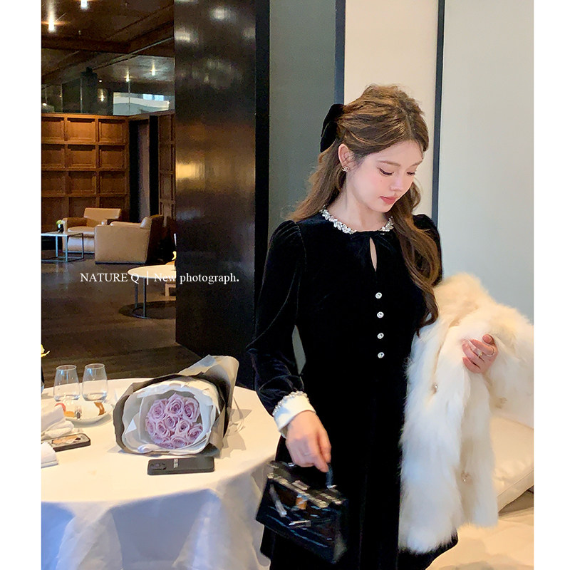 杨小卷 赫本风钻领黑色丝绒连衣裙女秋气质千金感生日party小礼裙图片