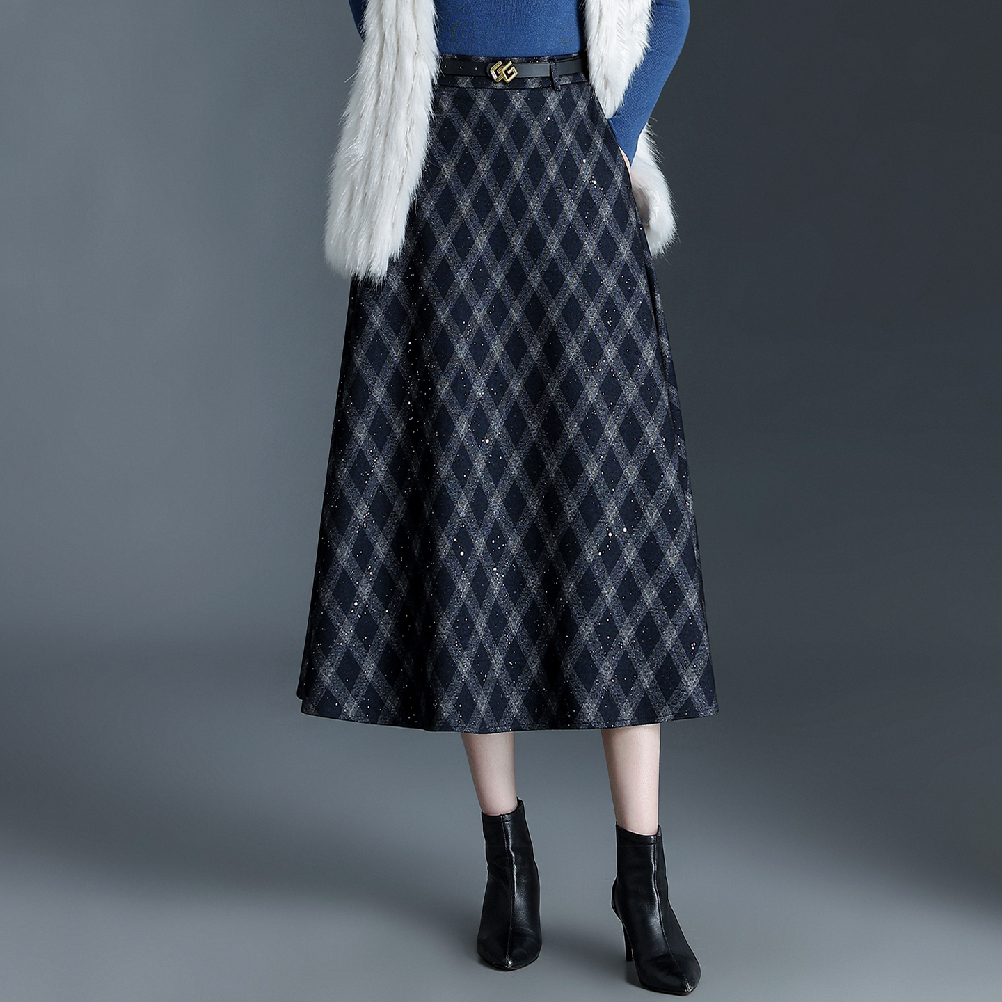 80CM裙长闪粉格子毛呢大摆裙高腰后松紧腰中长款斜兜半身裙长摆裙