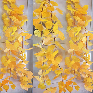仿真银杏叶黄色假树叶子假花藤条缠绕水管道装 饰塑料花绿植物藤蔓