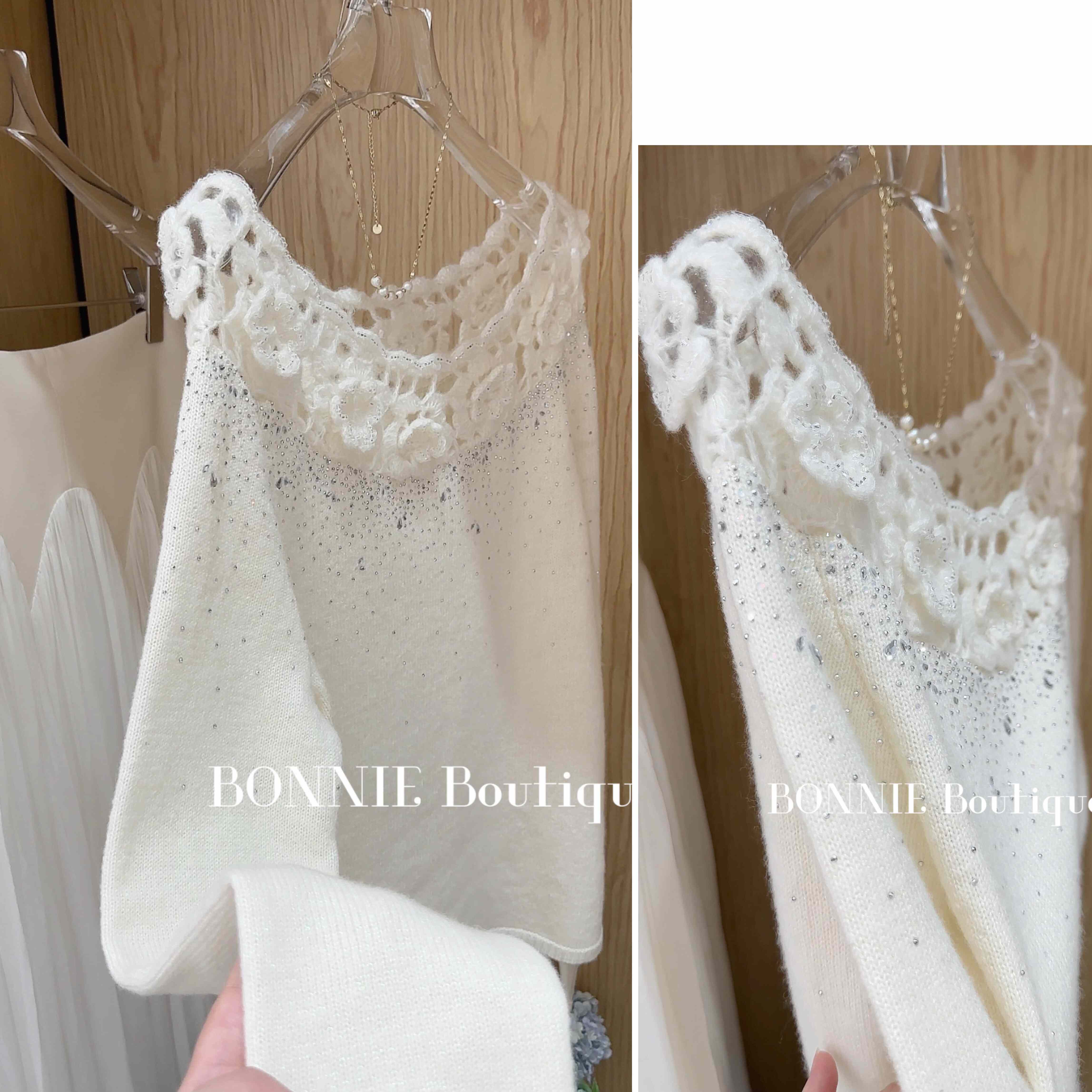 BONNIE Boutique 清冷女神手工钩花羊毛针织衫女宽松显瘦毛衣上衣