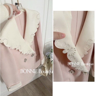 BONNIE 2025冬新款高定手工订珠法式双面呢大衣女中长款毛呢外套