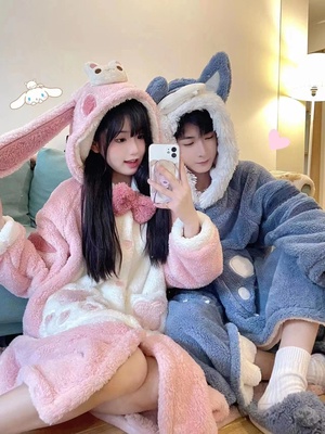 小月亮情侣珊瑚绒通睡袍小白兔