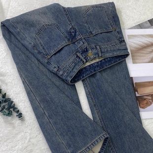 小众设计感高腰阔腿牛仔裤女加绒复古做旧宽松显瘦直筒休闲长裤子