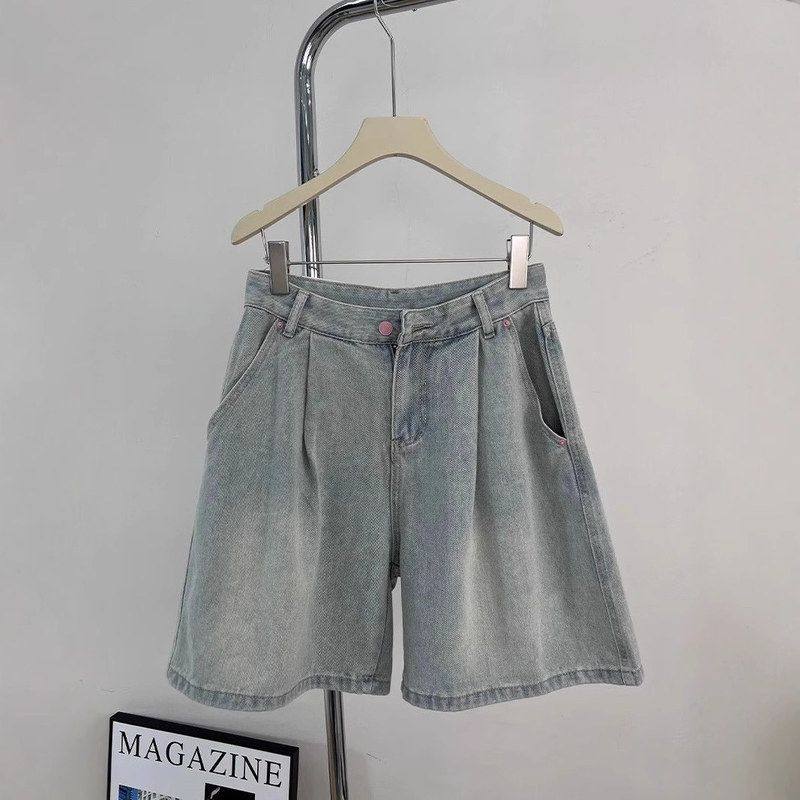 高腰牛仔短裤女夏季薄款2025年新款宽松显瘦小个子五分阔腿中裤子