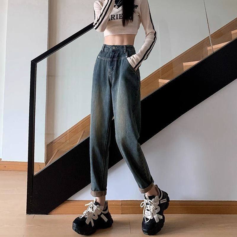 小时尚众设计感高腰加绒加厚牛仔裤秋季大码MM宽松显瘦九分老爹