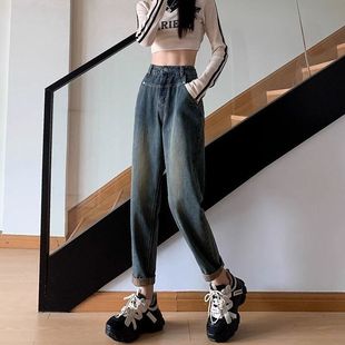 大码 秋季 MM宽松显瘦九分老爹 众设计感高腰加绒加厚牛仔裤 小时尚