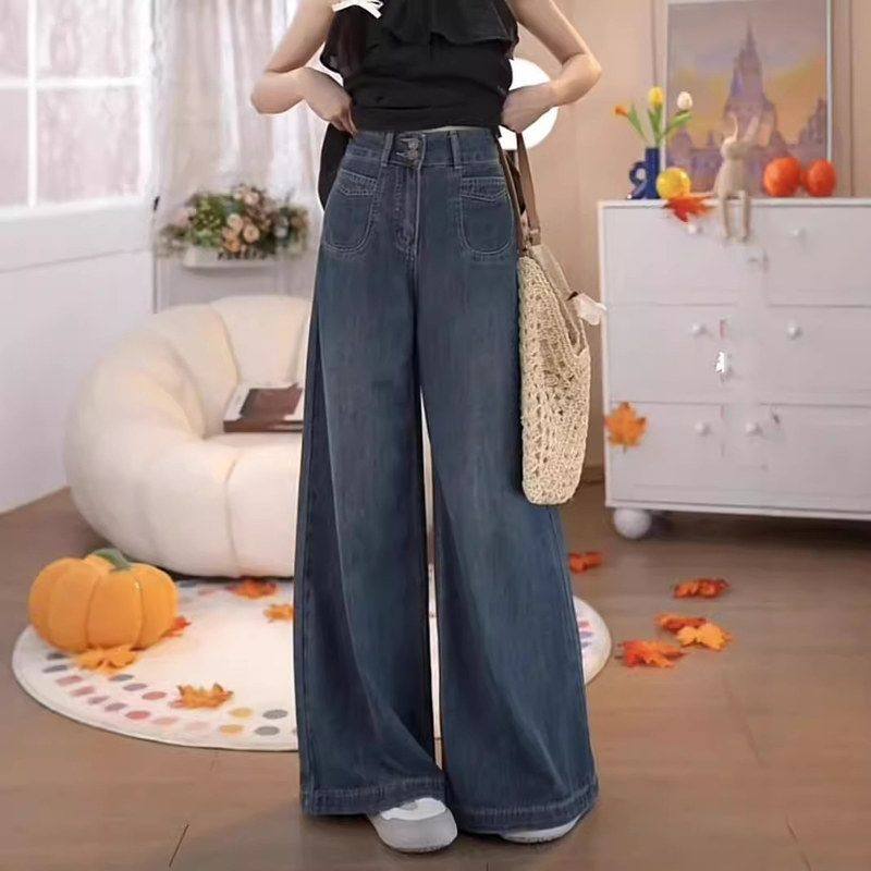 深蓝色口袋牛仔裤女2024秋季薄款宽松显瘦阔腿裤直筒休闲拖地长裤,女装/女士精品,牛仔裤,淘宝优惠券,粉丝福利购,淘宝优惠卷