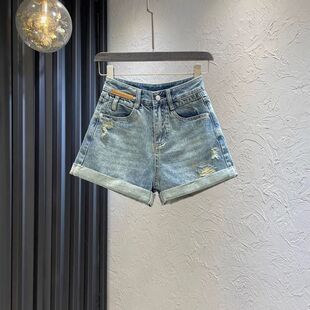 高腰宽松显瘦设计感阔腿直筒热裤 新款 女2024夏季 复古卷边牛仔短裤