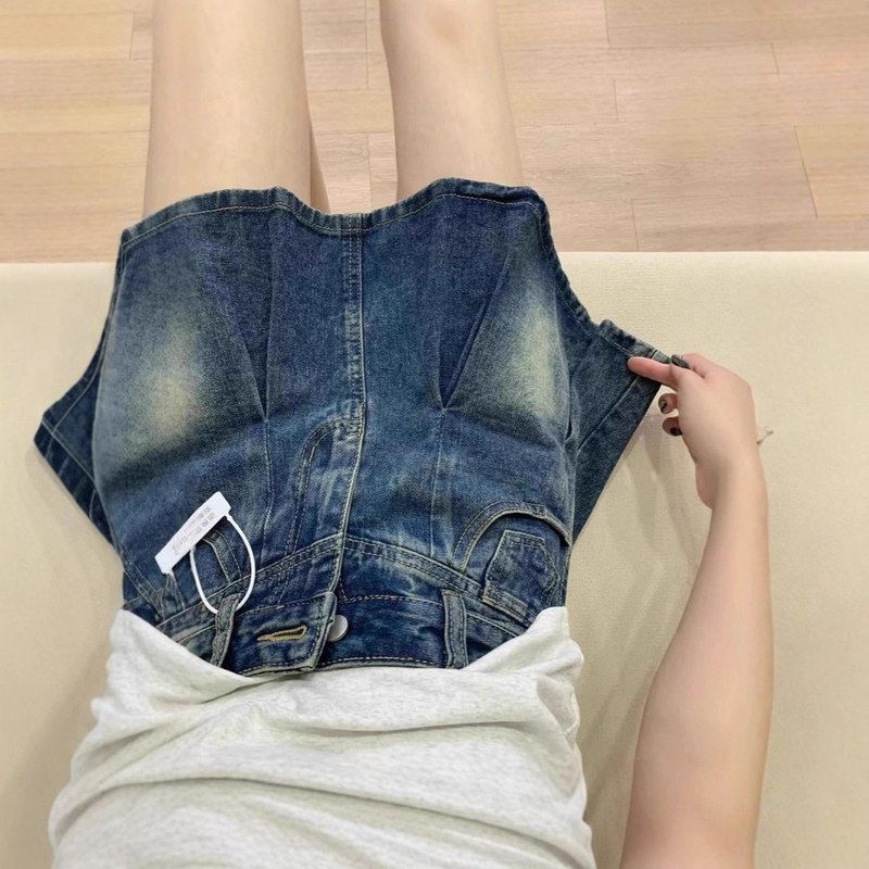 大码复古百褶牛仔半身裙女夏季胖mm防走光高腰显瘦包臀a字短裙子