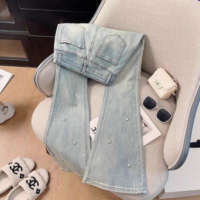 重工星星烫钻亮闪闪浅蓝色牛仔裤女春秋高腰修身弹力微喇喇叭裤子
